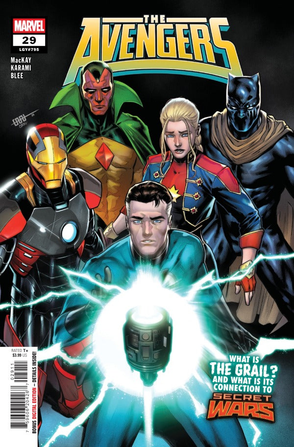 MARVEL COMICS AVENGERS #29
Comic cover featuring the avengers looking at a glowing piece of technology. The cover features Iron Man, Black Panther, Captain Marvel, Vision and Mr. Fantastic.