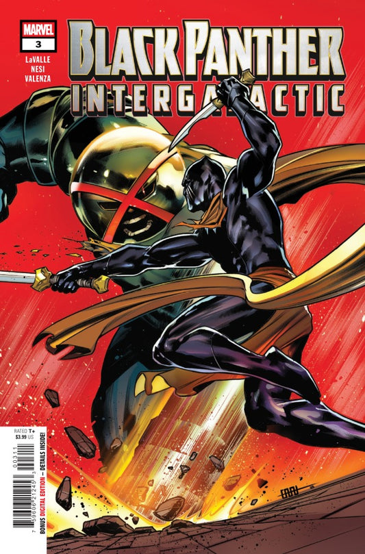 MARVEL COMICS BLACK PANTHER: INTERGALACTIC #3
Comic book cover featuring Black Panther in action against a gold suit with a red 'X'.