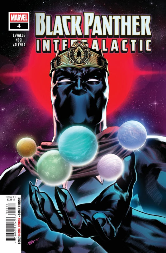 MARVEL COMICS BLACK PANTHER: INTERGALACTIC #4
Comic book cover of Black Panther in a space-themed setting with planets.