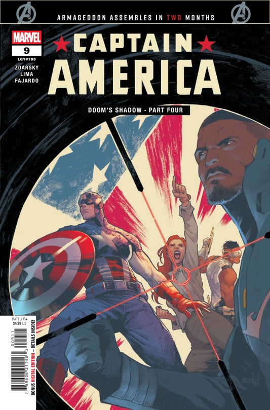 MARVEL COMICS CAPTAIN AMERICA #9
Comic book cover of Captain America with superhero characters and American flag