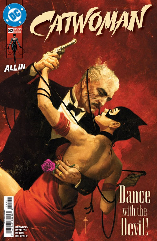 MARVEL COMICS CATWOMAN #82
Comic book cover featuring a dramatic scene with a character in a tuxedo and another in a red dress, set against a red background.