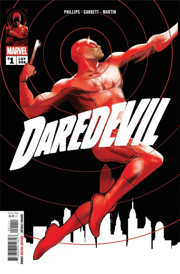 MARVEL COMICS DAREDEVIL #1
Comic book cover of Daredevil with red costume and cityscape background