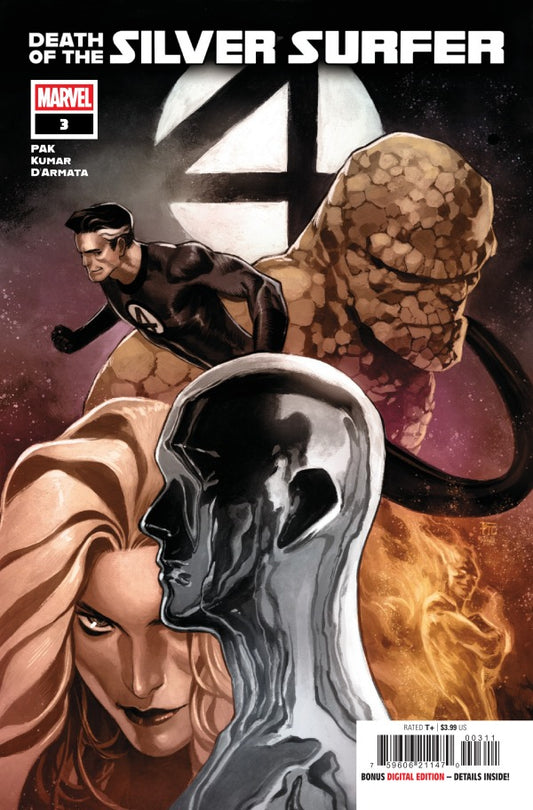 MARVEL COMICS DEATH OF THE SILVER SURFER #3
Comic book cover featuring characters from 'Marvel's Silver Surfer' with a prominent '4' symbol.