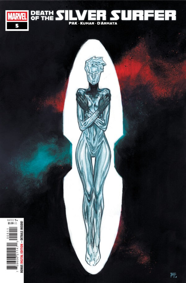 MARVEL COMICS DEATH OF THE SILVER SURFER #5
Comic book cover of 'Death of the Silver Surfer' featuring the Silver Surfer against a dark background with red and blue accents.