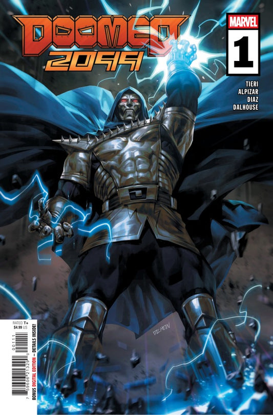 MARVEL COMICS DOOMED 2099 #1
Comic book cover featuring a superhero in armor with energy effects, Marvel logo visible