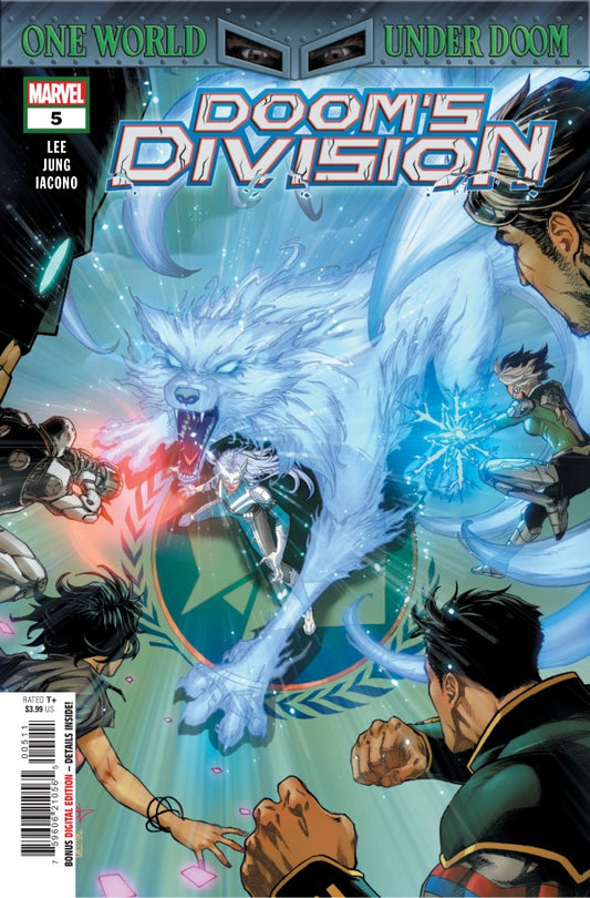 MARVEL COMICS DOOMS DIVISION #5
Comic book cover featuring a superhero battle with a dragon-like creature, titled 'Doom's Division'.