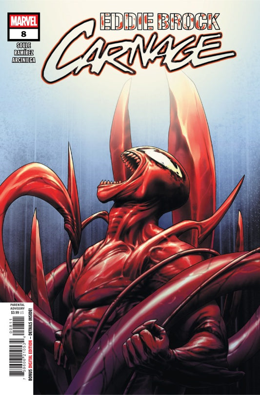 MARVEL COMICS EDDIE BROCK CARNAGE #8
Comic book cover featuring a red and black creature with a menacing expression, titled 'Eddie Brock Carnage'.
