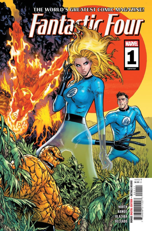 Comic book cover of 'Fantastic Four #1' featuring four characters with a fiery background.