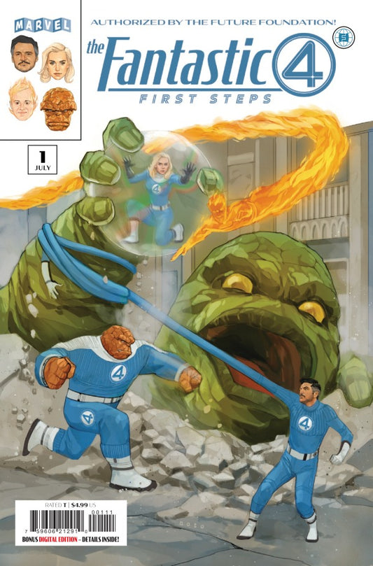 Comic book cover of 'The Fantastic 4 First Steps' with characters in superhero costumes. MCU Movie Tie-in.