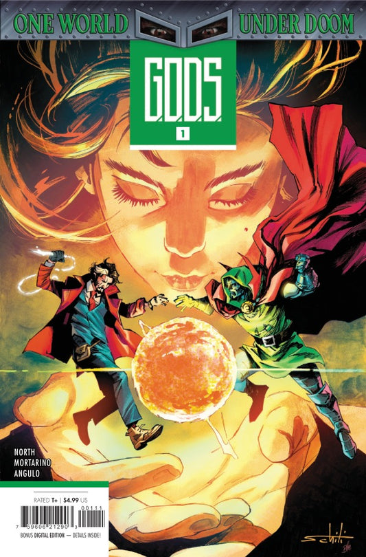 MARVEL COMICS GODS ONE WORLD UNDER DOOM #1
Comic book cover titled 'GODS' with characters and a large face in the background