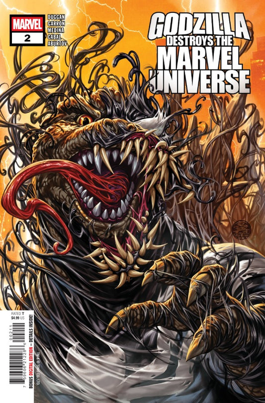 MARVEL COMICS GODZILLA DESTROYS THE MARVEL UNIVERSE #2
Comic book cover featuring a monstrous creature with 'Marvel' branding