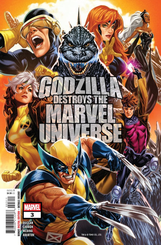 MARVEL COMICS GODZILLA DESTROYS THE MARVEL UNIVERSE #3
Comic book cover featuring Godzilla and Marvel characters with the title 'Godzilla Destroys the Marvel Universe'.