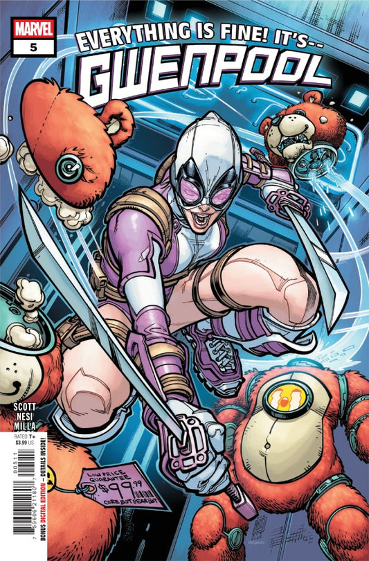 MARVEL COMICS GWENPOOL #5
Comic book cover featuring a superheroine with robotic companions