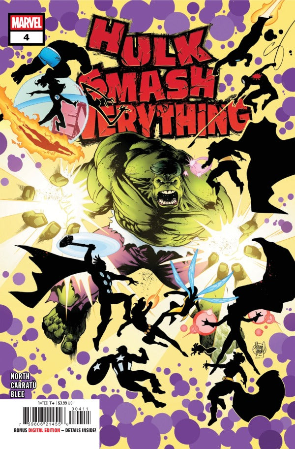 MARVEL COMICS HULK: SMASH EVERYTHING #4
Comic book cover featuring the Hulk smashing through silhouettes with a colorful background.