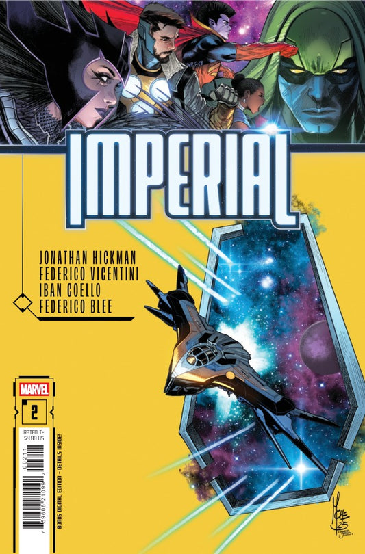 MARVEL COMICS IMPERIAL #2 (OF 4)
Comic book cover titled 'Imperial' with superhero characters and spaceship on a yellow background