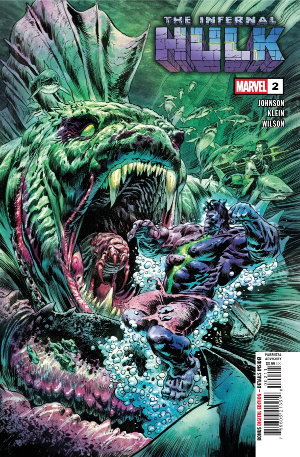 MARVEL COMICS INFERNAL HULK #2
Comic book cover featuring a green and purple creature fighting a character, with 'The Infernal Hulk' title and Marvel logo.