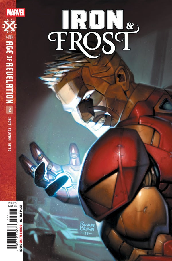 MARVEL COMICS IRON & FROST #2
Comic book cover featuring a character in a red and brown suit with glowing blue hand, Marvel logo visible.