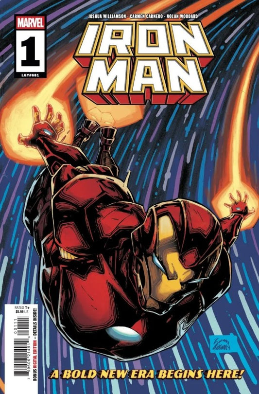 MARVEL COMICS IRON MAN #1
Comic book cover of Iron Man with dynamic pose and Marvel logo.