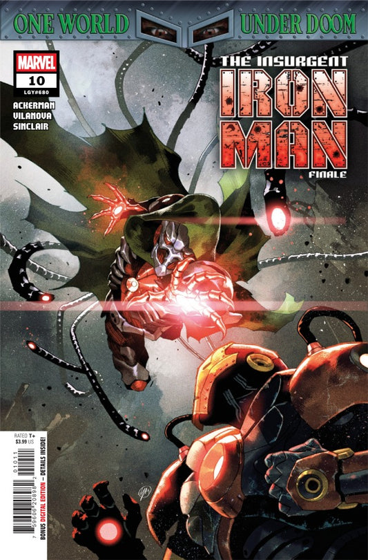MARVEL COMICS IRON MAN #10
Comic book cover featuring Iron Man in a battle scene with text 'One World Under Doom' and 'The Insurgent Iron Man'.