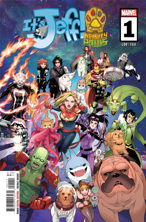 MARVEL COMICS ITS JEFF INFINITY PAWS #1
Comic book cover featuring animated characters with 'It Jeffy Infinity Paws' title and Marvel logo.
