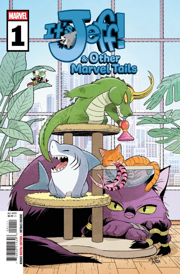 MARVEL COMICS IT'S JEFF & OTHER MARVEL TAILS #1
Comic book cover featuring a cat, shark, and dragon on a cat tree with a cityscape background.