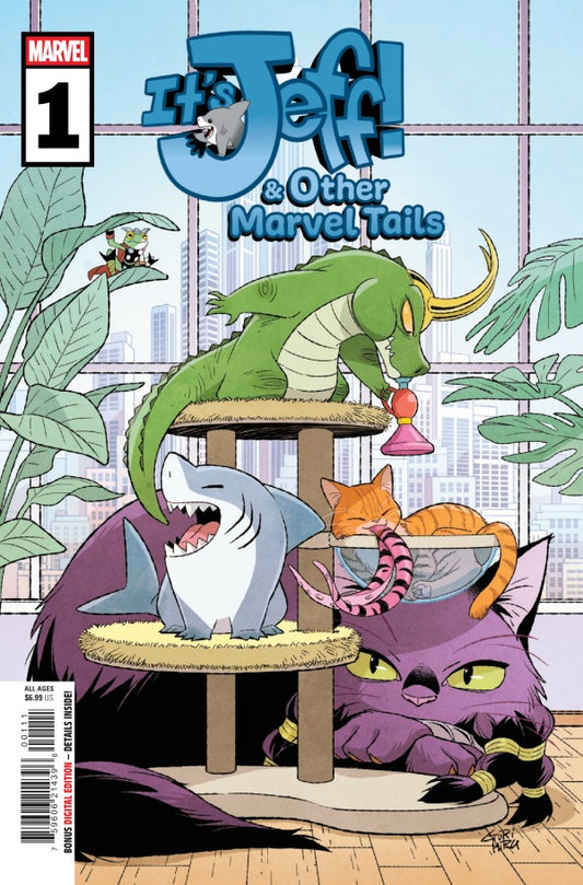 MARVEL COMICS IT'S JEFF & OTHER MARVEL TAILS #1
Comic book cover featuring a cat, shark, and dragon on a cat tree with a cityscape background.
