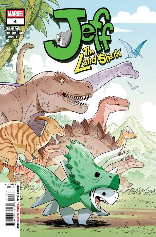 MARVEL COMICS JEFF THE LAND SHARK #4
Comic book cover featuring 'Jeff the Land Shark' with dinosaurs in a prehistoric setting.