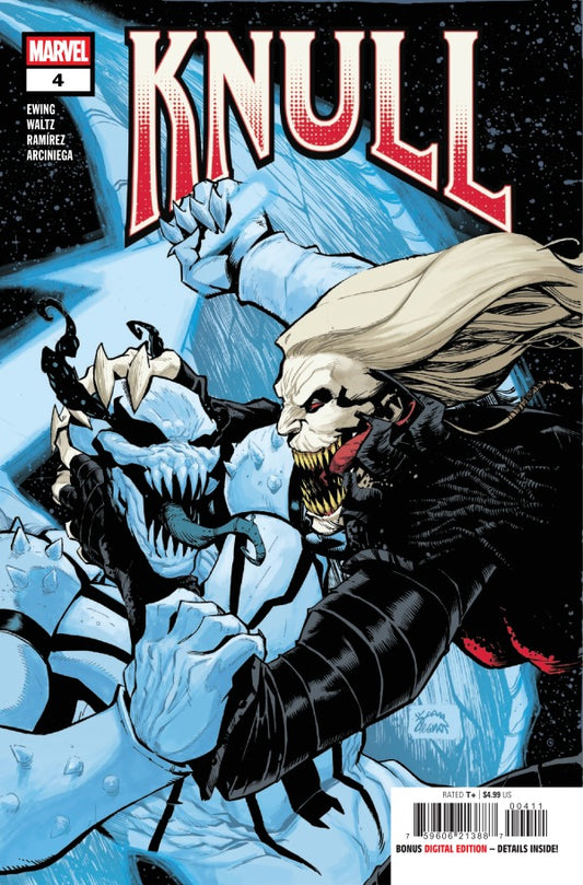 MARVEL COMICS KNULL #4
Comic book cover of 'Knull' with a character in a black outfit and white hair, surrounded by icy elements.