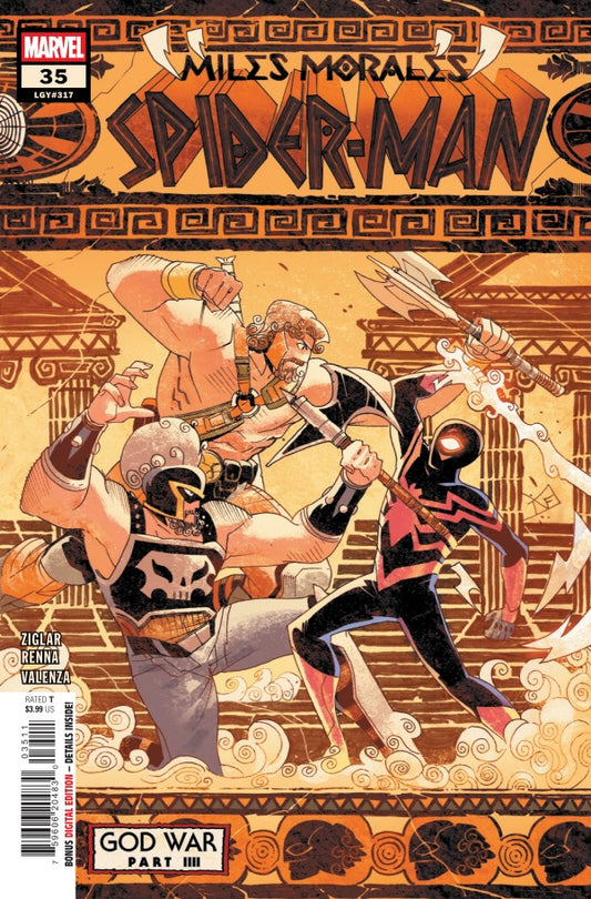 MARVEL COMICS MILES MORALES SPIDER-MAN #35
Comic book cover featuring 'Miles Morales Spider-Man' with warrior characters on a decorative background.