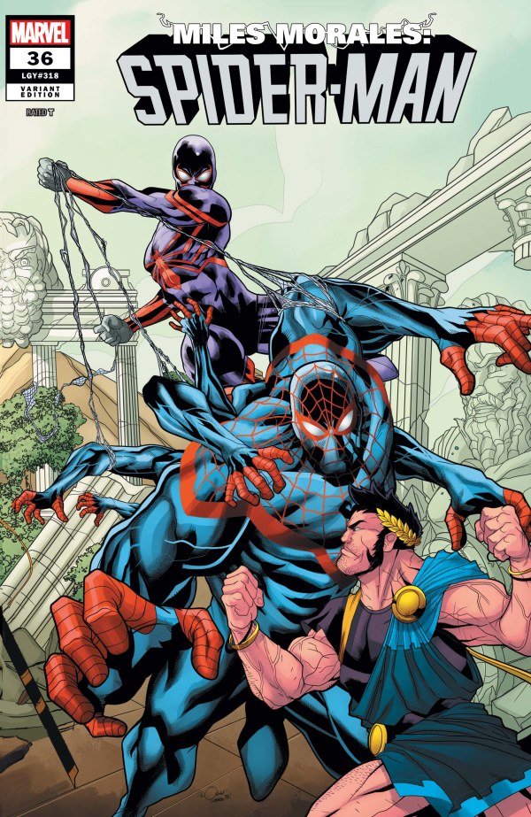MARVEL COMICS MILES MORALES SPIDER-MAN #36 COVER B 
Comic book cover featuring Spider-Man and a warrior with Marvel logo