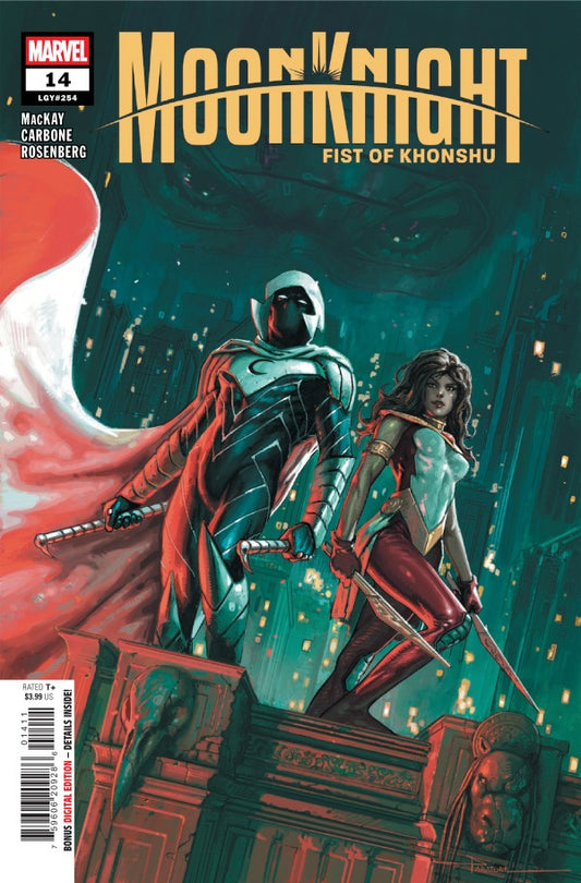 MARVEL COMICS MOON KNIGHT: FIST OF KONSHU #14
Comic book cover featuring two characters on a pedestal with a cityscape background, titled 'Moon Knight: Fist of Khonshu'.