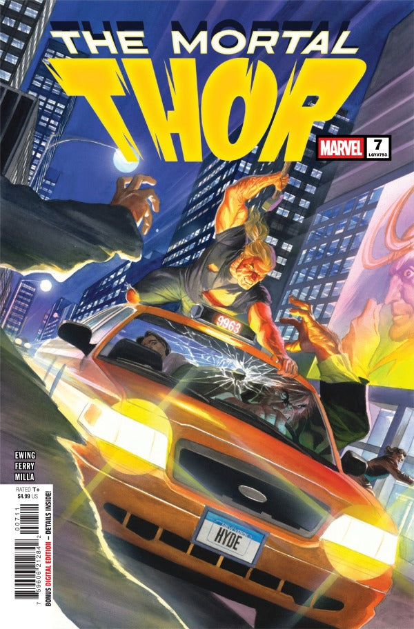 MARVEL COMICS MORTAL THOR #7
Comic book cover of 'The Mortal Thor' featuring a character in action with a car and cityscape background.