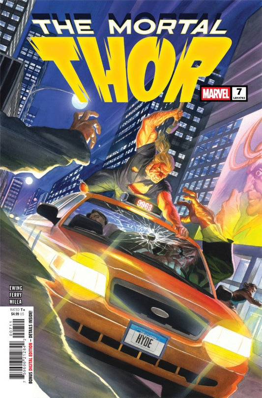 MARVEL COMICS MORTAL THOR #7
Comic book cover of 'The Mortal Thor' featuring a character in action with a car and cityscape background.