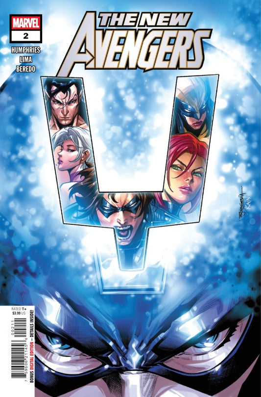 MARVEL COMICS NEW AVENGERS #2
Comic book cover of 'The New Avengers' with superhero faces on a blue and white background.