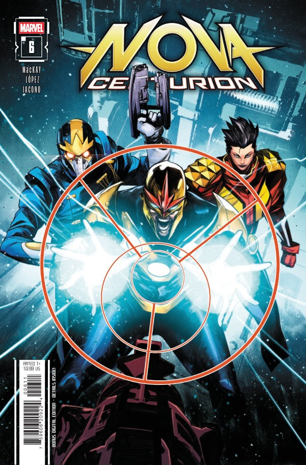 MARVEL COMICS NOVA: CENTURION #6
Comic book cover featuring three superhero characters with a circular design and 'Nova' text.
