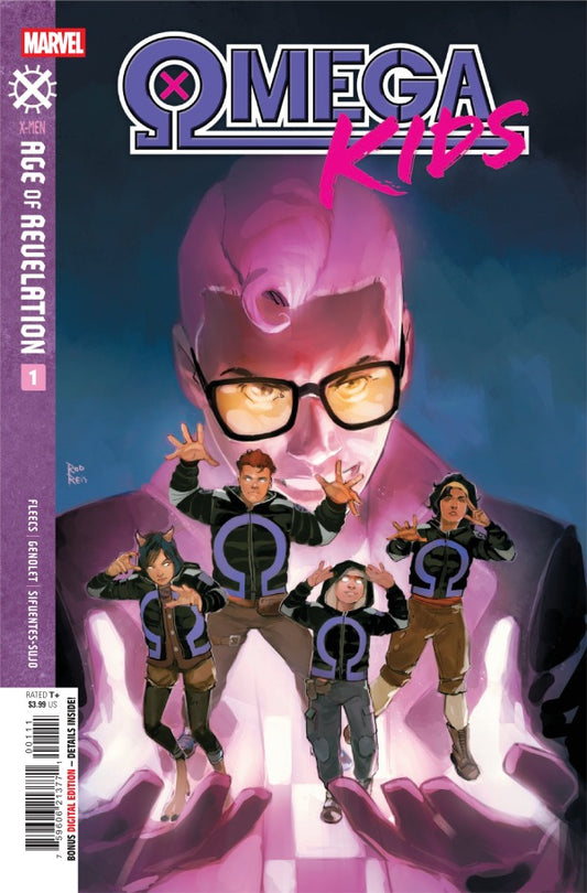 MARVEL COMICS OMEGA KIDS #1
Comic book cover featuring a superhero and four children with a large pink-skinned character in the background.