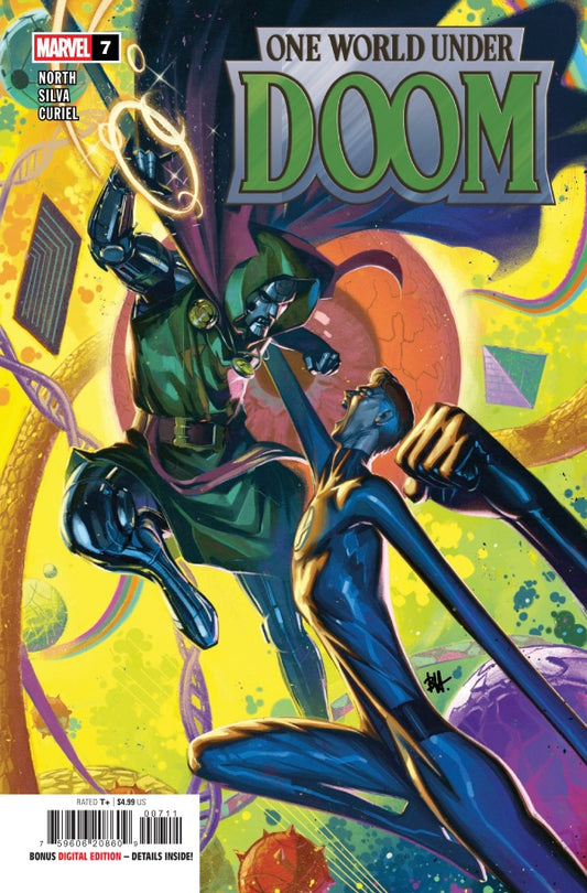 MARVEL COMICS ONE WORLD UNDER DOOM #7
Comic book cover featuring a superhero in a dynamic pose with 'One World Under Doom' text.