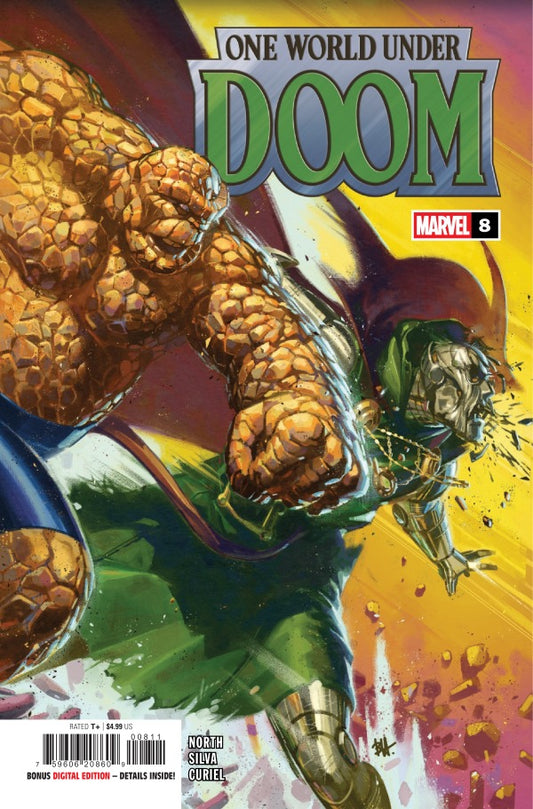 MARVEL COMICS ONE WORLD UNDER DOOM #8
Comic book cover featuring a character with a large hand holding another character, with 'One World Under Doom' and Marvel branding.