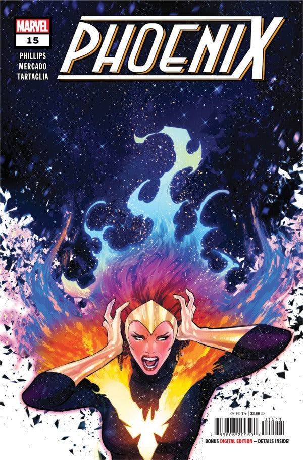 MARVEL COMICS PHOENIX #15
Comic book cover of 'Phoenix' with a character in a dynamic pose against a cosmic background.