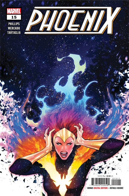 MARVEL COMICS PHOENIX #15
Comic book cover of 'Phoenix' with a character in a dynamic pose against a cosmic background.
