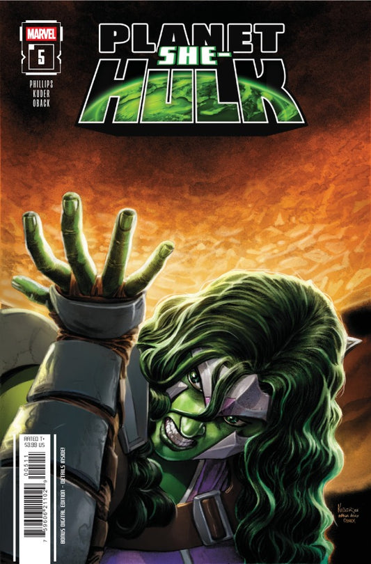 MARVEL COMICS PLANET SHE-HULK #5
Comic book cover featuring a character with green hair and a muscular build, with 'Planet She-Hulk' branding.
