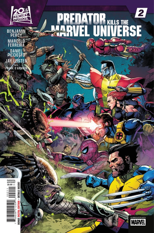 MARVEL COMICS PREDATOR KILLS THE MARVEL UNIVERSE #2
Comic book cover featuring various characters and a Predator, with Marvel branding.