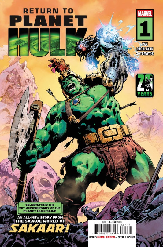 MARVEL COMICS RETURN TO PLANET HULK #1
Comic book cover featuring the Incredible Hulk with warrior attire on a colorful background