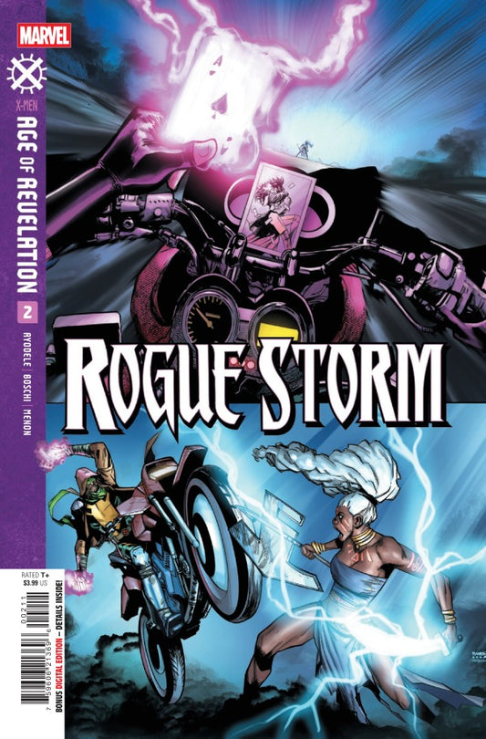 MARVEL COMICS ROGUE STORM #2
Comic book cover of 'Rogue Storm' featuring characters on motorcycles with dynamic poses and vibrant colors.