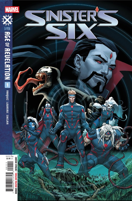 MARVEL COMICS SINISTER'S SIX #1
Comic book cover of 'Sinister's Six' featuring six characters in blue suits with red accents.