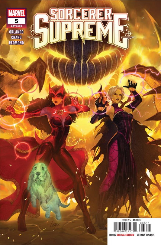 MARVEL COMICS SORCERER SUPREME #5
Comic book cover of 'Sorcerer Supreme' featuring two characters and a dog with a fiery background.
