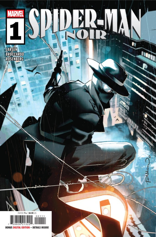 MARVEL COMICS SPIDER-MAN NOIR #1
Comic book cover of 'Spider-Man Noir' with a superhero in a suit and hat overlooking a cityscape.