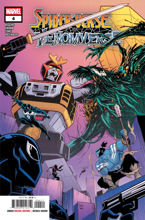 MARVEL COMICS SPIDER-VERSE VS VENOMVERSE #4
Comic book cover featuring characters from 'Spider-Verse: Venomverse' with a superhero and villain design.