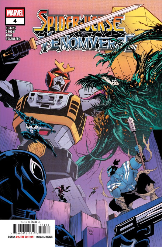 MARVEL COMICS SPIDER-VERSE VS VENOMVERSE #4
Comic book cover featuring characters from 'Spider-Verse: Venomverse' with a superhero and villain design.