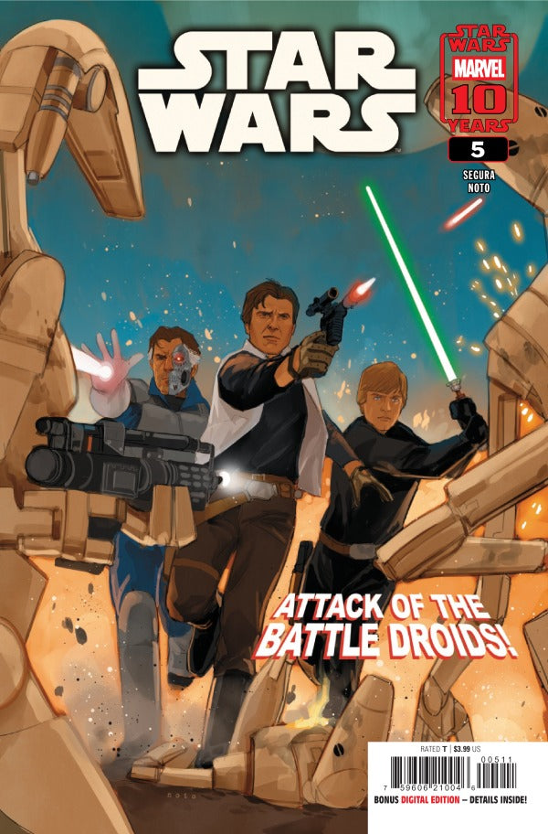 MARVEL COMICS STAR WARS #5
Comic book cover featuring characters from 'Star Wars' with battle droids and a spaceship.